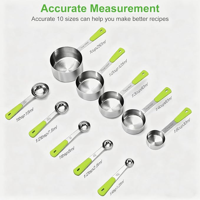Bopei Measuring Cups and Spoons Set Stainless Steel 10 Piece for Cooking and Baking (5 Cups + 5 Spoons, Green Handle) - Image 2