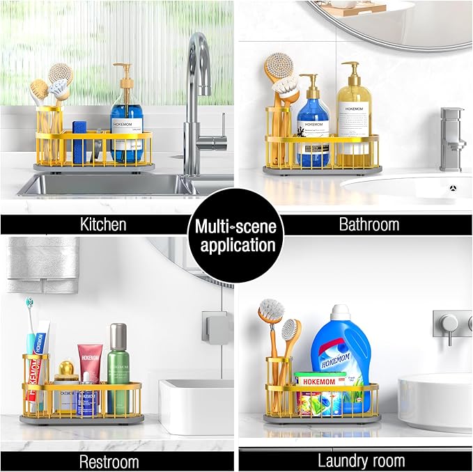 Sponge Holder for Kitchen Sink with High Brush Holder, [Stay-Dry Anywhere & No Drainage Needed] Rustproof Stainless Steel Kitchen Sink Caddy Organizer with Water Absorbing Stone Tray, Gold - Image 7