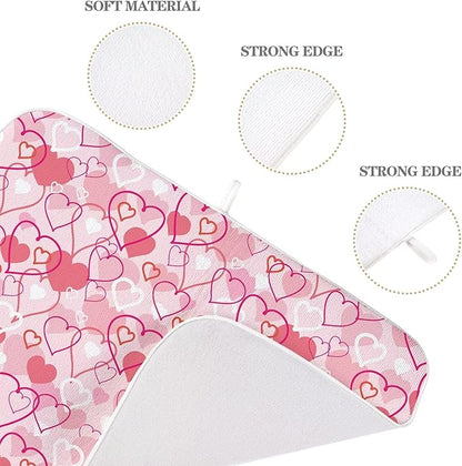 Valentines Day Dish Drying Mat 18 x 24 inch Pink Love Hearts Decorative Drying Mats Microfiber Absorbent Romantic Dish Washable Draining Mat for Kitchen Counter Decor