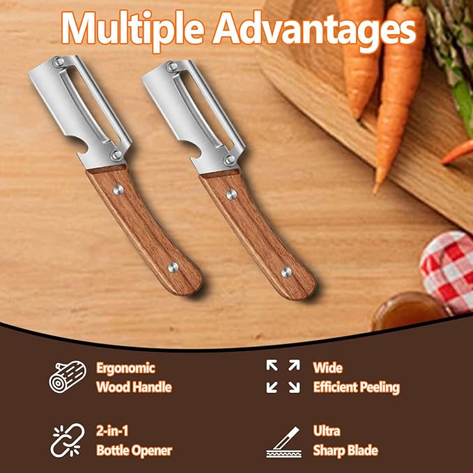 Zero Snag Wooden Peeler, Multifunctional Vegetable Peeler for Kitchen, Premium Vegetable Peeler with Wooden Handle and Bottle Opener, Peeler for Fruit Apple Potato Pumpkin Papaya Zucchini