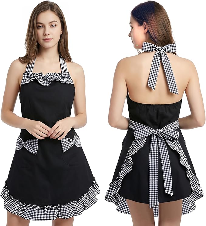 Hyzrz Cotton Kitchen Aprons for women with 2 Pocket Adjustable Neck Strap Chef Apron for Cooking Mothers Day Gifts (Black)