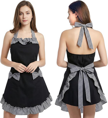 Hyzrz Cotton Kitchen Aprons for women with 2 Pocket Adjustable Neck Strap Chef Apron for Cooking Mothers Day Gifts (Black)