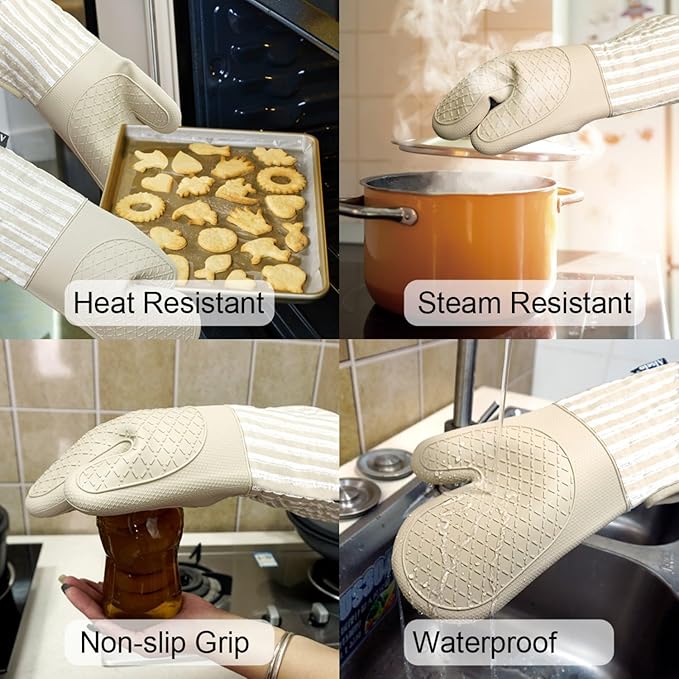 Alselo Silicone Oven Mitts Heat Resistant 932℉ with Waterproof & Non-Slip Kitchen Mittens, Set of 2 Extra Long Oven Gloves with Soft Cotton Terry Lining for Baking Cooking Barbecue (Khaki, 2) - Image 6