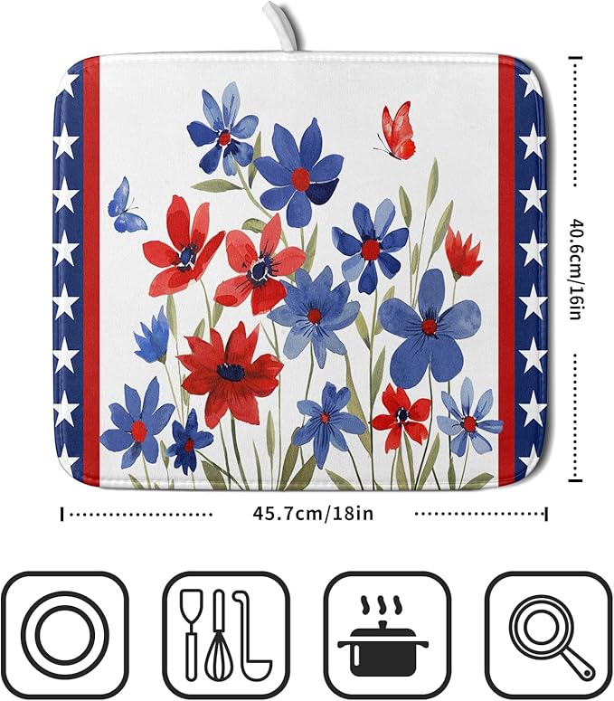 Giwawa 4th of July Flower Dish Drying Mat 16"x18" Independence Day Stars Dish Drainer Mats Watercolor Patriotic Floral Microfiber Dish Drying Rack Pad for Kitchen Countertop Decor