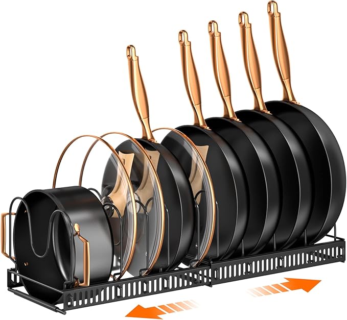 MUDEELA Pots and Pans Organizer Rack for under Cabinet, Expandable 11.81''-22.85'' Pot Lid Kitchen Cabinet Organizer Holder with 10 Adjustable Compartment Cutting Board Organizer for Pan Lid, Bakeware by MUDEELA