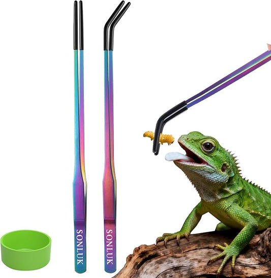 3 PACK Stainless Steel Reptile Feeding Tongs,10.62" Straight &Curved Long Feeding Tweezers&Bowl Set,Non Slip Feeding Tools with Rubber Tip,Bearded Dragon Tank Accessories (A-colorful)