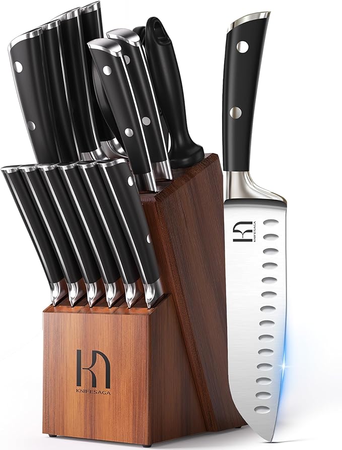 KnifeSaga Knife Set, 15 Pcs Kitchen Knife Block Sets with Sharpener, Japanese High Carbon Stainless Steel Set of Knives, Premium Razor Sharp Black Knives Set with Block for Kitchen, Ergonomic Handle by PushBoundariesforSharpness