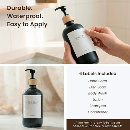 MaisoNovo Glass Dish Soap Dispenser for Kitchen Set of 2-16.9oz Dish and Hand Soap Dispenser Set for Kitchen - Black Glass Bottles x 2 with Black Bamboo Pumps & Tray
