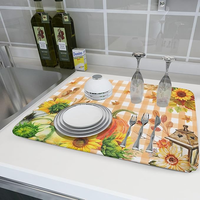 Autumn Maple Leaf Orange White Check Plaids Dish Drying Mat for Kitchen Counter,Fall Sunflower Pumpkin Drying Mat 18 x 24 Inch with Absorbent Reversible Microfiber Dish Drying Pad for Coffee Bar - Image 6