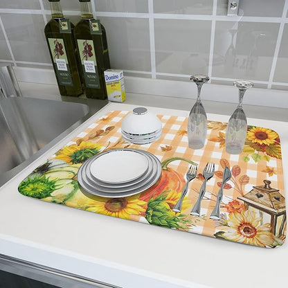 Autumn Maple Leaf Orange White Check Plaids Dish Drying Mat for Kitchen Counter,Fall Sunflower Pumpkin Drying Mat 18 x 24 Inch with Absorbent Reversible Microfiber Dish Drying Pad for Coffee Bar - Image 6