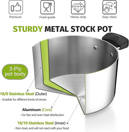 5 Quart 3-Ply Cooking Stock Pot with Lid, P&P CHEF Stainless Steel Large Pot for Pasta Soup, Work on Multi Stove, Heavy Duty & Dishwasher Safe, Dual Heat-resistant Handles & Transparent Glass Lid - Image 4
