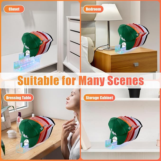 Hat Stand for Baseball Caps, 2 Pack No Install Acrylic Hat Organizer for 14 Baseball Caps Storage Organizer, Hat Racks Hat Holder Display and Organization for Closet, Bedroom, Dresser (Colorful-2Pack) - Image 4