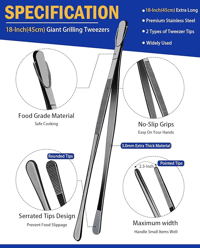 JETKONG 2 Pcs 18 Inch (45cm) Stainless Steel Grill Tongs Heavy Duty Giant Tweezer Tongs, Extra Large Tweezers Tools for Cooking, Grilling, BBQ and Turning Food (Black) - Image 2