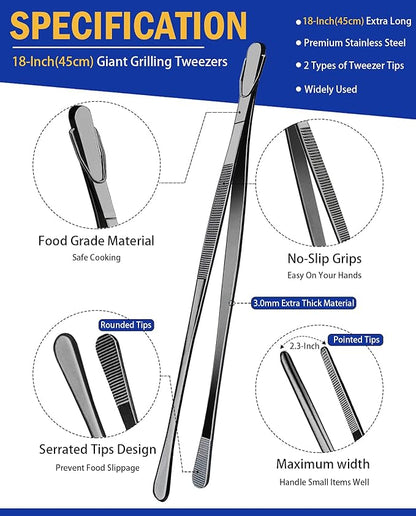 JETKONG 2 Pcs 18 Inch (45cm) Stainless Steel Grill Tongs Heavy Duty Giant Tweezer Tongs, Extra Large Tweezers Tools for Cooking, Grilling, BBQ and Turning Food (Black) - Image 2