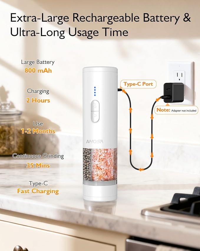Electric Salt and Pepper Grinder Set, 2 in 1 Dual Bins USB Rechargeable Refillable Automatic Salt and Pepper Mill Shaker with LED Light, Dual Ceramic Grinder Adjustable Coarseness, kitchen gift, white - Image 5