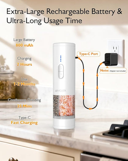 Electric Salt and Pepper Grinder Set, 2 in 1 Dual Bins USB Rechargeable Refillable Automatic Salt and Pepper Mill Shaker with LED Light, Dual Ceramic Grinder Adjustable Coarseness, kitchen gift, white - Image 5
