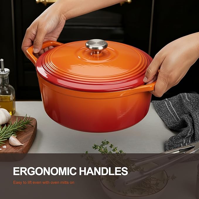 Overmont Enameled Cast Iron Dutch Oven - 5.5QT Pot with Lid Cookbook & Cotton Potholders - Heavy-Duty Cookware for Braising, Stews, Roasting, Sourdough Baking Orange - Image 3