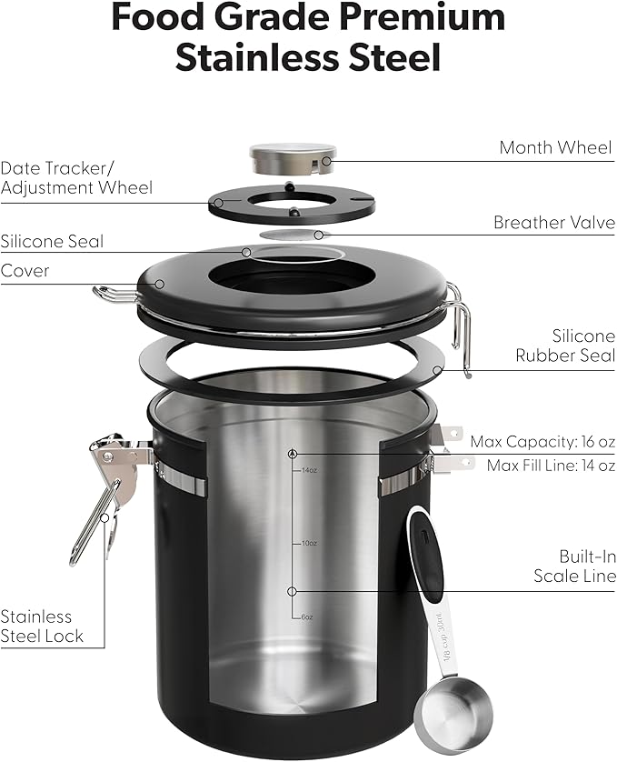 Veken Coffee Canister with Window, Airtight Stainless Steel Kitchen Food Storage Container with Lids, Date Tracker and Scoop for Grounds Coffee, Beans, Tea, Flour, Cereal, Sugar Jars, 16OZ, Black - Image 4