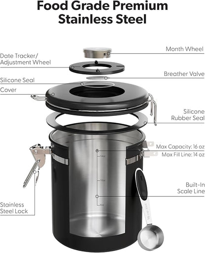 Veken Coffee Canister with Window, Airtight Stainless Steel Kitchen Food Storage Container with Lids, Date Tracker and Scoop for Grounds Coffee, Beans, Tea, Flour, Cereal, Sugar Jars, 16OZ, Black - Image 4