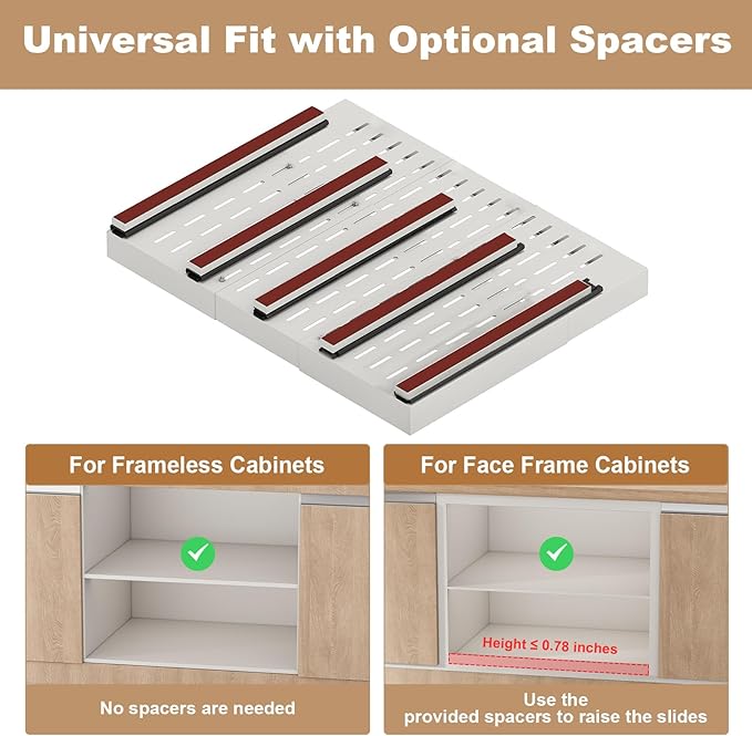 Pull out Cabinet Organizer,Expandable Width(23"-31"),Depth(17"-24") with 5 Rails,Roll out Drawers,No Drill Adjustable Slide out Shelves for Kitchen,Pantry,for Both Lip and Lip-Free Cabinets,White(1PC) - Image 7
