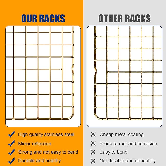 2PCS Cooling Racks for Cooking and Baking - 10" x 16"Heavy Duty Stainless Steel Wire Rack for Baking, Grilling, Roasting - Oven & Dishwasher Safe - Fits Half Sheet Pan（Gold） - Image 7