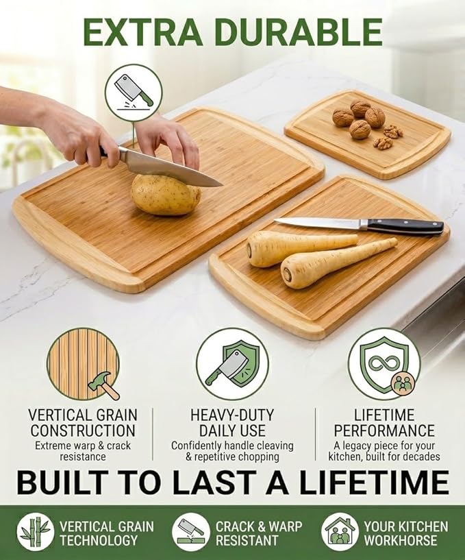 Greener Chef Luxury XL Bamboo Cutting Board Set of 3 with Vertical Grain Strength Technology - Extra Large Wood Cutting Boards for Kitchen and Lightweight Chopping Board Set - Replacements for Life - Image 4