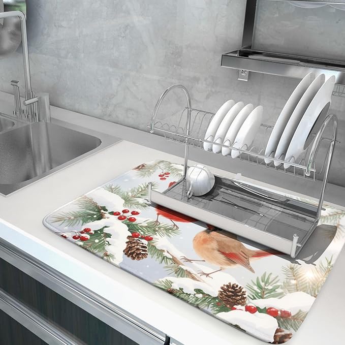 Winter Cardinal Bird Dish Drying Mat for Kitchen Counter 18x24 Christmas Snow Scene Theme Seasonal Absorbent Reversible Microfiber Drying Mats Kitchen Countertop Protector Dishes Drainer Pad - Image 5