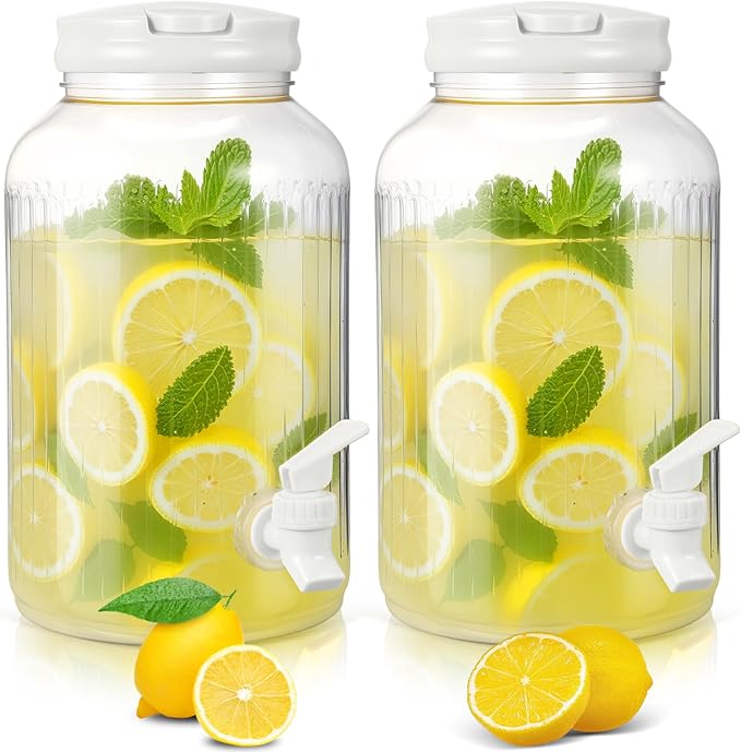 SiliFine 2 Pieces 1 Gallon Plastic Beverage Dispenser with Spigot Striped Clear Large Drink Beverage Dispenser Summer Fridge Water Container with Tap for Party Iced Tea, Sangria, Lemonade (White)
