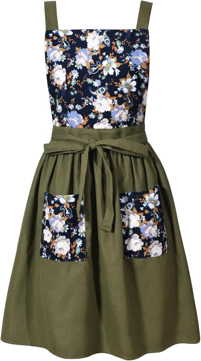 Pinknoke Vintage Pinafore Apron Dress for Women with Pockets Cute Floral Chef Aprons for Kitchen Cooking Baking Gardening by Pinknoke