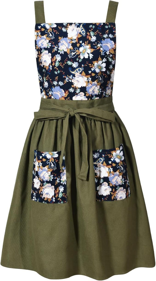 Pinknoke Vintage Pinafore Apron Dress for Women with Pockets Cute Floral Chef Aprons for Kitchen Cooking Baking Gardening by Pinknoke