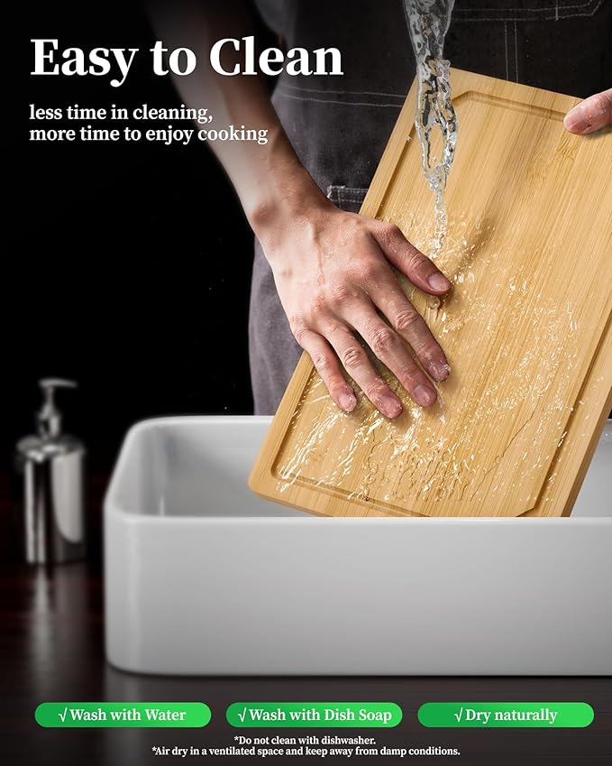 Kitchen Cutting Board Set - 3-Piece Wooden Cutting Boards for Kitchen with Juice Groove, Handles, Hang Holes, Stylish Kitchen Essentials for Chpping & Serving, Natural, 0.4"Th - (L+M+S) - Image 7