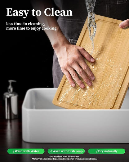 Kitchen Cutting Board Set - 3-Piece Wooden Cutting Boards for Kitchen with Juice Groove, Handles, Hang Holes, Stylish Kitchen Essentials for Chpping & Serving, Natural, 0.4"Th - (L+M+S) - Image 7