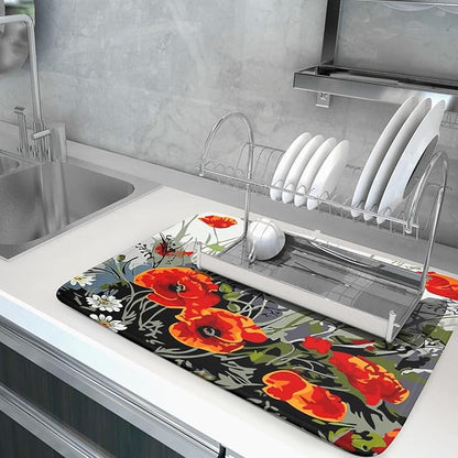 Giwawa Poppy Dish Drying Mat 18x24 inch for Kitchen Vintage Red Orange Floral Dish Drying Pad Oil Painting Flower Dish Drainer Mats Absorbent Microfiber Protector for Countertop Coffee Bar