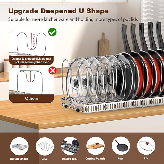 Housolution Pot and Pan Organizer Rack for Cabinet, Stainless Steel Expandable Pot Lid Organizer with 14 Adjustable Dividers, Pot and Pan Holder Rack Storage Organizer for Kitchen, Silver - Image 2