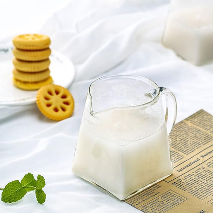 Leinuosen 2 Pcs Glass Pitcher Elegant Shaped Glass Tea Pitcher Coffee Milk Creamer Pitchers Creative Milk Frothing Pitchers Frother Cup Creamer Jug(350 ml,Square Style)