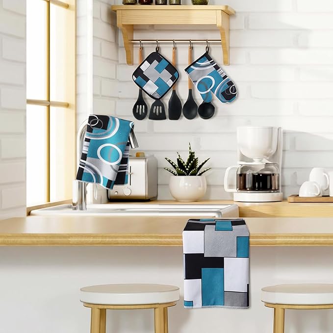 Jingmore 6 Pcs Kitchen Decor Set Accessory Farmhouse Kitchen Towels Pot Holders Oven Mitts Set 2 Dish Towels 2 Pot Holders 2 Cooking Mittens Oven Glove for Cooking(Teal,White, Gray,Geometric) - Image 3