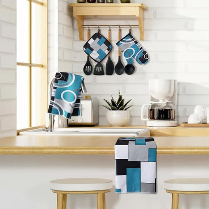 Jingmore 6 Pcs Kitchen Decor Set Accessory Farmhouse Kitchen Towels Pot Holders Oven Mitts Set 2 Dish Towels 2 Pot Holders 2 Cooking Mittens Oven Glove for Cooking(Teal,White, Gray,Geometric) - Image 3