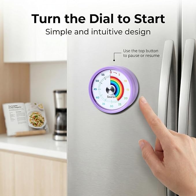 Searon Visual Timer for Kids with Magnet, Quiet 60 Minute Countdown Timer with Rainbow Disk, Sound or Silent LED Alert, for Homework, Reading, Study Time, Kitchen & Small Spaces (Purple)