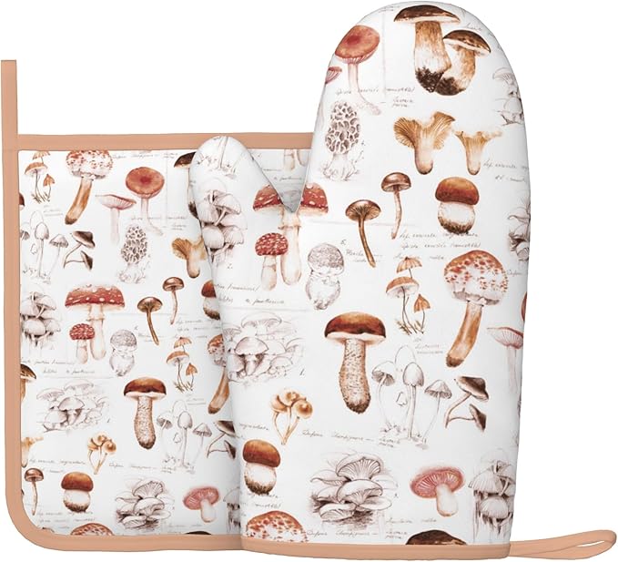 Mushroom Silicone Oven Mitts Pan Mats Set of 2, Heat Resistant Gloves Potholder with Non-Slip Grips Hanging Loops Pot Holder, Spring Summer for Chef Cooking, Baking, Grilling, BBQ