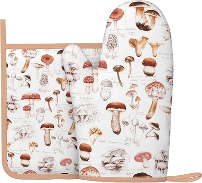 Mushroom Silicone Oven Mitts Pan Mats Set of 2, Heat Resistant Gloves Potholder with Non-Slip Grips Hanging Loops Pot Holder, Spring Summer for Chef Cooking, Baking, Grilling, BBQ