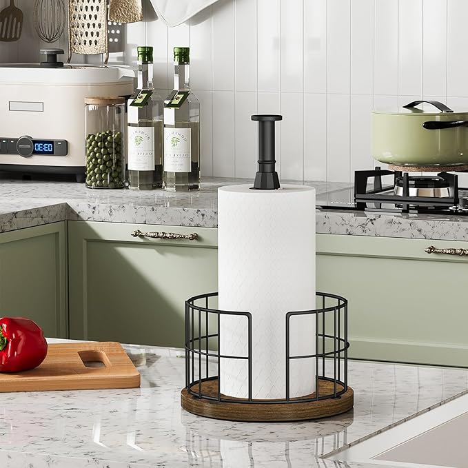 YINMIT Paper Towel Holder Countertop, One-Handed Tear Farmhouse Paper Towel Stand, Roll Paper Towel Stand Weighted, Paper Towel Holders with Ratchet Large, for Kitchen Essentials - Image 2