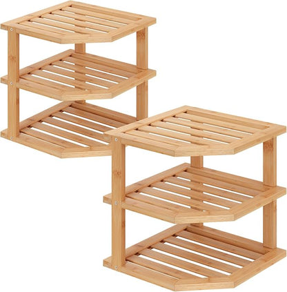 VERTORGAN 3 Tier Bamboo Corner Shelf(2 Pack),Plate Organizer,Dish Drying Rack,Kitchen Spice Rack for Countertop and Cabinet