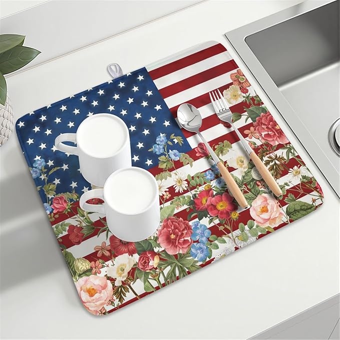 4th of July Dish Drying Mat 18x16 Inch, Patriotic Drying Mat with Absorbent Reversible Microfiber, Independence Day Dish Drainer Mats Memorial Day Rack Pad for Coffee Countertop Kitchen Protector