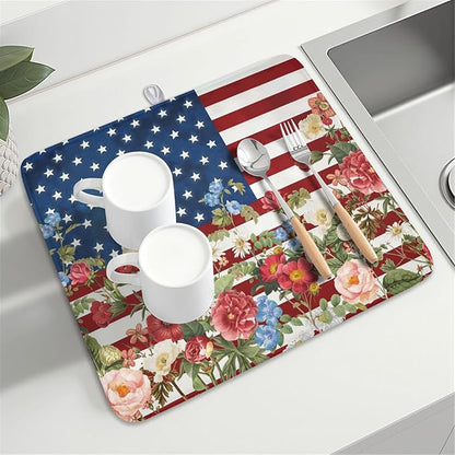 4th of July Dish Drying Mat 18x16 Inch, Patriotic Drying Mat with Absorbent Reversible Microfiber, Independence Day Dish Drainer Mats Memorial Day Rack Pad for Coffee Countertop Kitchen Protector