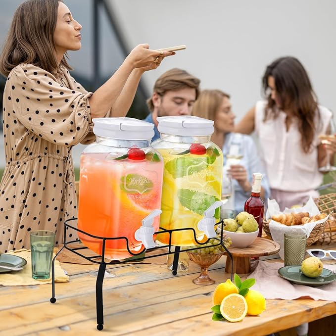 Teenyyou 2 Pcs Plastic Drink Dispensers for Parties Beverage Dispenser with Stand and Spigot Juice Lemonade Jars with Lid for Countertop Party Bar Picnics Water Tea, 2 Gallons Total