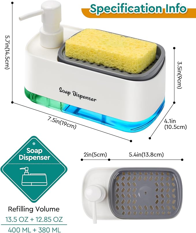 Kitchen Dish Soap Dispenser Set，Dish and Hand Soap Dispenser with Sponge Holder, 3-in-1 Countertop Sponge Dual Soap Pump Dispenser for Kitchen Sink - White - Image 6