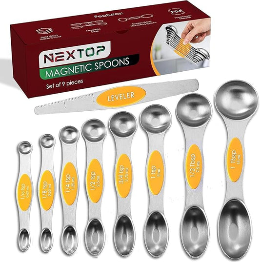 Magnetic Measuring Spoons Set of 9 Stainless Steel Dual-Sided Stackable Measuring Spoon Nesting Teaspoons Measuring Dry and Liquid Ingredients, Fits in Spice Jars Set of 9 (Orange) by Nextop