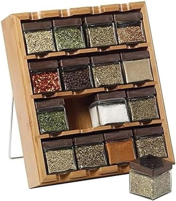 Kamenstein Jar Bamboo 3-in-1 Spice Organizer for Countertop, Wall, and Drawer with Spices Included, FREE Spice Refills for 5 Years, Lift & Pour Caps , 16 Count ( Pack of 1) by Kamenstein