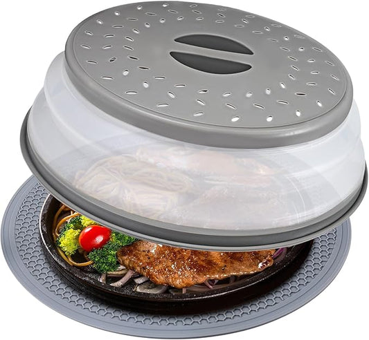 Microwave Cover for Food and Silicone Mat Collapsible Microwave Splatter Cover, Microwave Plate & Dish Cover with Easy Grip Handle, BPA-Free, 10.5” Cover&12.2” Mat, Dishwasher Safe (Grey) by Unknown