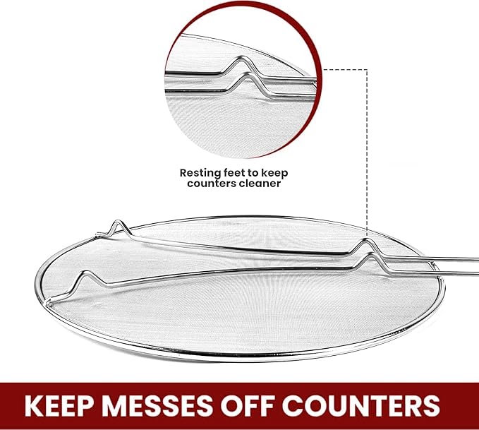 13" Grease Splatter Screen for Cooking | Stainless Steel Oil Splatter Guard and Ultra-Fine Mesh Protects Skin from Burns | Silicone Red Handle - Image 5